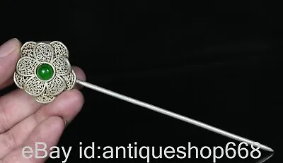 15.9CM Old China Miao Silver Lnlaid With Emerald Flower Luck Jewelry Hairpin • $29.90