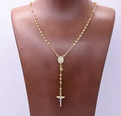 $412.99 • Buy 3mm Diamond Cut Cross Rosary Crucifix Chain Necklace Real 10K Yellow Gold