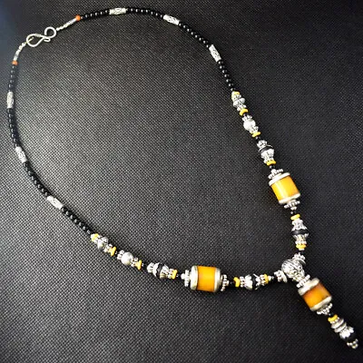 Yellow Coral Black Onyx Handmade Bohemian Ethnic Big Nepali Necklace 18  NA 1018 • $13.58