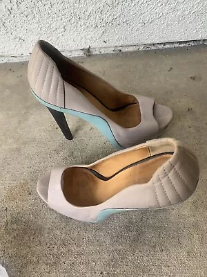 L.A.M.B. Jax Leather  Peep-Toe Platform Stilettos Two Tones Pumps Size 8 M • $55