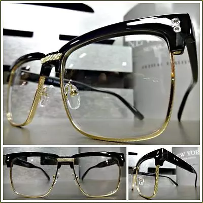 Mens CLASSIC VINTAGE RETRO Style Clear Lens EYE GLASSES Black Gold Fashion Frame • $19.99