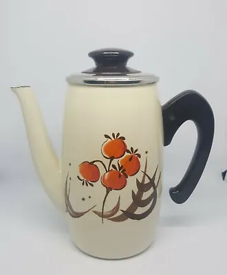 Vintage Coffee Pot 60s 70s Beige Orange Floral Enamel Retro Handle 1.5l • £11