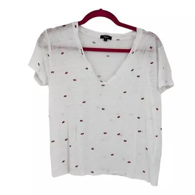 RAILS Womens Small White Cara Lip Print Short-Sleeve Linen Blend T-Shirt Sheer • $22.50