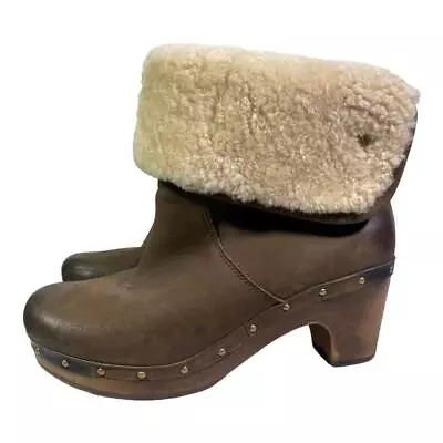 UGG Lynnea Wood Clog High Heel Boot Women Size 8 Brown Leather • $59.99