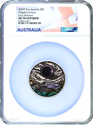 2023 Ningaloo Eclipse 2oz Silver Antiqued Colored Coin NGC MS70 ER Flag Label • $217