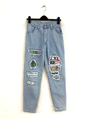 Vintage 80s 90s Retro Blue Denim Frayed Patch High Waist Jeans Size 8 W26  L28  • £19.99