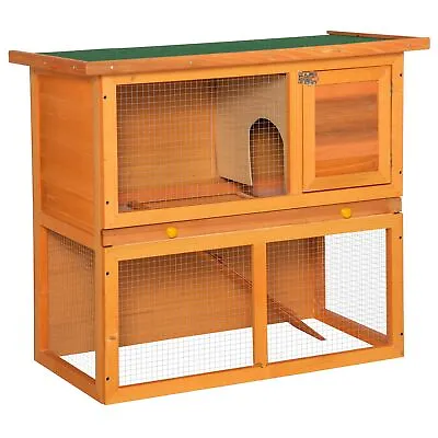 Pawhut 90cm 2 Tiers Rabbit Hutch Wooden Pet Cage Run Vintage Bunny House • £63.99