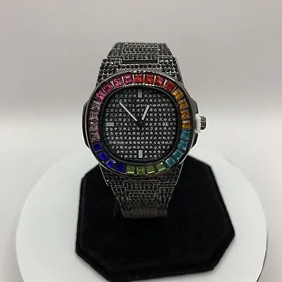 Unisex Iced Out Black Wristwatch With Rainbow Bezel Clear Gem Studs • £24.99