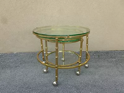 70's Mid Century Modern  Mastercraft Style 3 Tier Swivel Brass Faux Bamboo Table • $1250