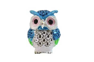 1 Bejeweled Box Blue Little Owl Hinged Metal Enameled Crystal Trinket Box • $17.99