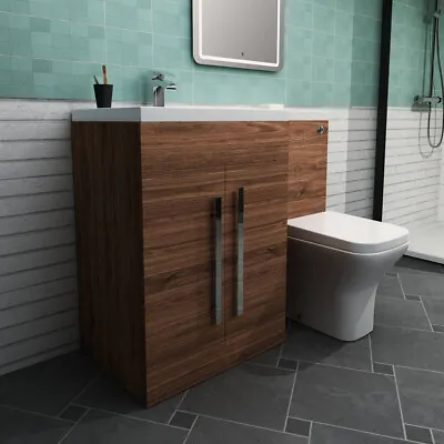 1100mm LH Walnut L Shape Bathroom Vanity Unit With Basin + Back To Wall Toilet • £494.97