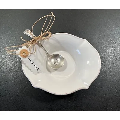 Mud Pie Let's Salsa Spoon & White Ceramic Serving Bowl Set W/ Gold Bead Trim • $14.99