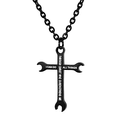 Wrench Cross Necklace For Men Titanium Steel Philippians 4:13 Inspirational • $14.99