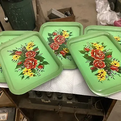 5 Vtg Green Metal/Tin Serving TV Trays Red Yellow Rose Floral 10 3/4” X 14 3/4” • $45