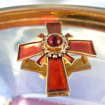 Vintage Signed HAR Enamel Maltese Cross Pin Brooch Prong Set Stones Dome Shaped • $39.99