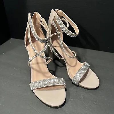 TOP MODA High Heel Sandals Shoes Rhinestone Zip Back Nude Shiny Strappy Size 8 • $24.99