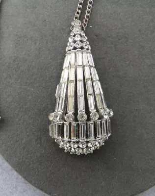 Vtg Crown Trifari Rhinestone Pendant Necklace Baguettes Rhinestones Silver Tone • $89