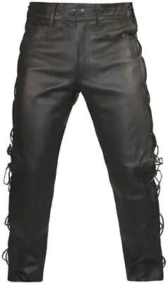 Mens Lace Sided Motorcycle Biker Black Leather Trousers Motorbike Jeans Pants • £79.99