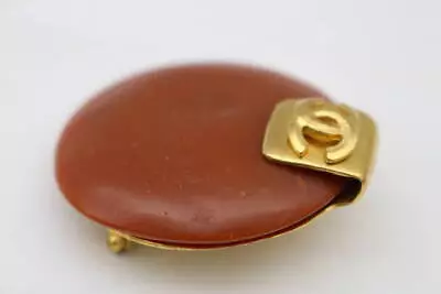 CHANEL Brooch Round Brown Store Gold Plated CC Logo 98P Vintage With Box Auth • $1133.75