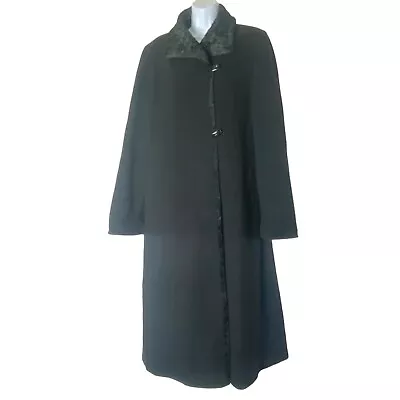 Madeline By Alorna 100% Wool Black Long Coat Faux Fur Lined Women Size 12 • $68