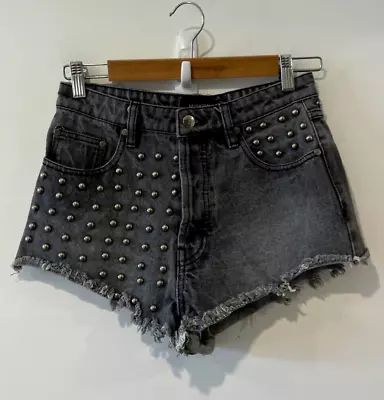 Mink Pink Denim Shorts Womens Small Black Faded Studded Fringe Cut Off HotPants • $19.30