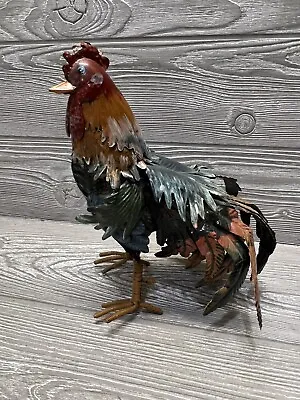 Metal Rooster Chicken Figurine 9.5” Tall Rustic Farmhouse Decor Colorful Funky • $15.99