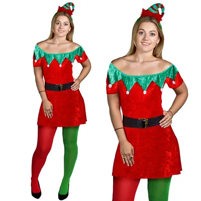 £16.99 • Buy Ladies Velour Elf Skater Dress Hat Tights Christmas Fancy Dress Santa's Helper