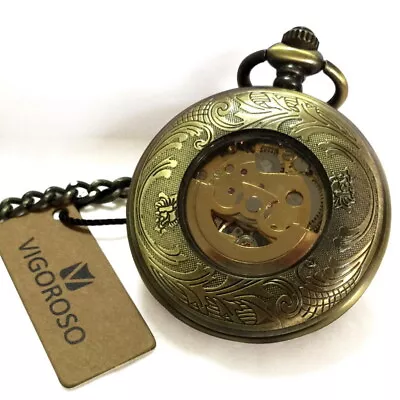 Half Hunter Vintage Roman Numerals Round Dial Mechanical Pocket Watch Chain • £25.19
