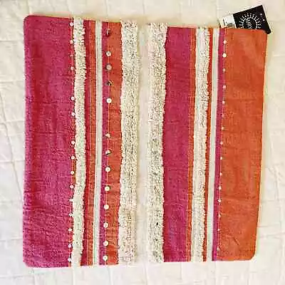 Surya Throw Pillow Cover 18 X 18 Sham Pink Orange Boho Stripe Sequin Fringed • $25