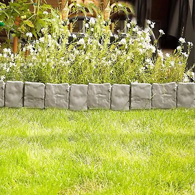 10x Grey Stone Effect Plastic Lawn Grass Edging Garden Plant Flower Bed Border • £7.99