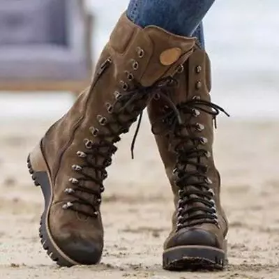 Womens Lace Up Knee High Calf Boots Ladies Winter Military Combat Biker Shoes • $32.99