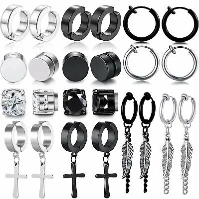 6 Pair Men Women Stainless Steel Cross Hoop Stud Earrings Non Piercing Fake Ear • $11.99