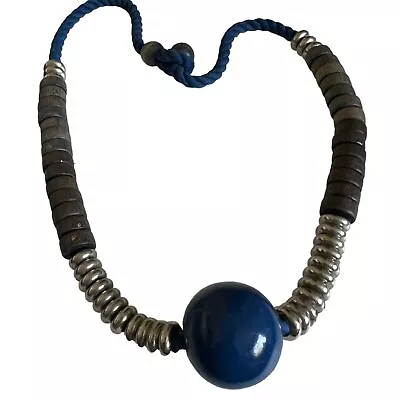 Aarikka Finland 24 Inch Necklace Blue Ball Pendant Metal & Gray Wood Beads • $74.99