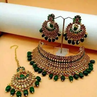 $21.08 • Buy Indian Bollywood Gold Tone Green Pearl Kundan Choker Bridal Necklace Jewelry Set