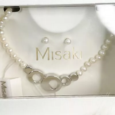 Misaki White Cultured Pearls Sterling Circles Matching Earrings NEW Gift Box Set • $65