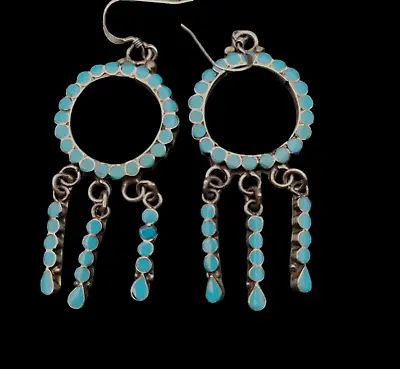 Vintage Zuni Dishta 72 Flush Mount Turquoise Stones Sterling Silver Earrings  • $412.99