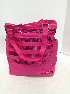 Victoria's Secret Sequin Stripe Tote Beach Bag Purse Luggage Duffle Hot Pink • $51.27