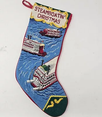 Vintage Steamboatin' Christmas Needlepoint Stocking Handmade 18  Red Velvet Back • $34.99