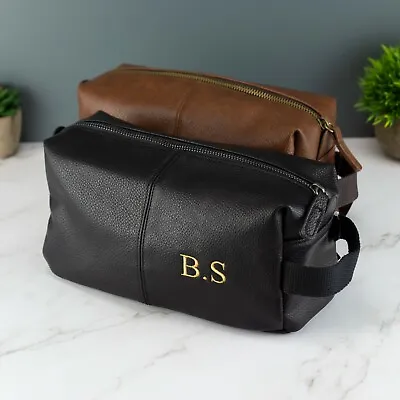 £19.99 • Buy Personalised Embroidered Mens Leather Toilet Wash Bag With Strap Black Or Brown 