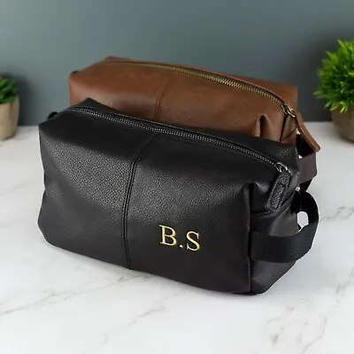 Personalised Embroidered Mens Leather Toilet Wash Bag With Strap Black Or Brown  • £19.99