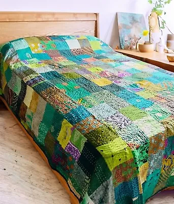 Kantha Bedspread Indian Handmade Patchwork Green Rainbow Throw Cotton Blanket • £99.50