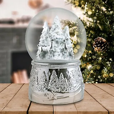 100mm Silver Reindeer In The Woods Snow Globe By The San Francisco Music Box • $39.99