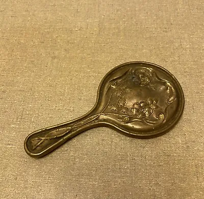Antique Art Nouveau Embossed Brass Child's Size Miniature Beveled Hand Mirror • $19.99