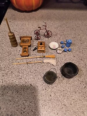 Miniature Dollhouse Blue Coffee Pot & Cups Tricycle Buckets Clock Phone • $9.90