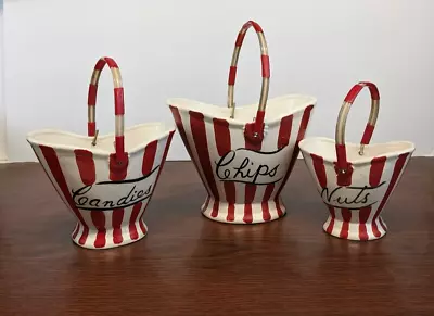 Vtg Davar Originals Ceramic Red Stripe  Snack Basket Set Of 3 Chips Candies Nuts • $59.99