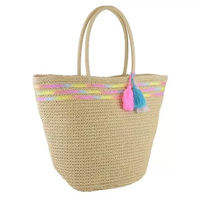 Ladies Beach Bag Cream Paper Straw Summer Tote With Pom Poms • £14.85