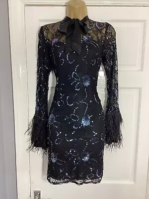 Stunning Virgos Lounge Black Sequin Feather Sleeve Mini Dress Size 8 UK • £7