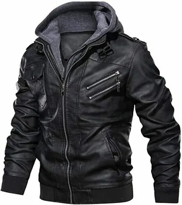 Mens Casual Stand Collar Black Real Sheep Leather Removable Hooded Winter Jacket • $41.53