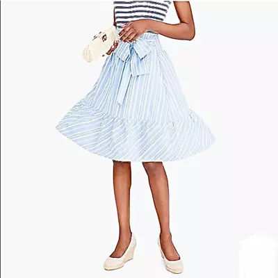 J.Crew L2331 Women's Blue White Striped Big Bow Tie Waist Ruffle Midi Skirt 2 • $26