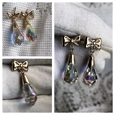 9 Carat  Gold Aurora Crystal Drop & Bow  Earrings • £25